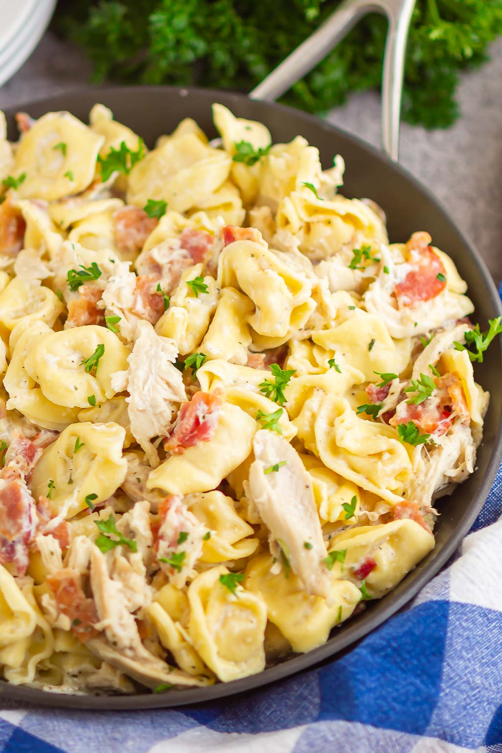 tortellini in a black skillet