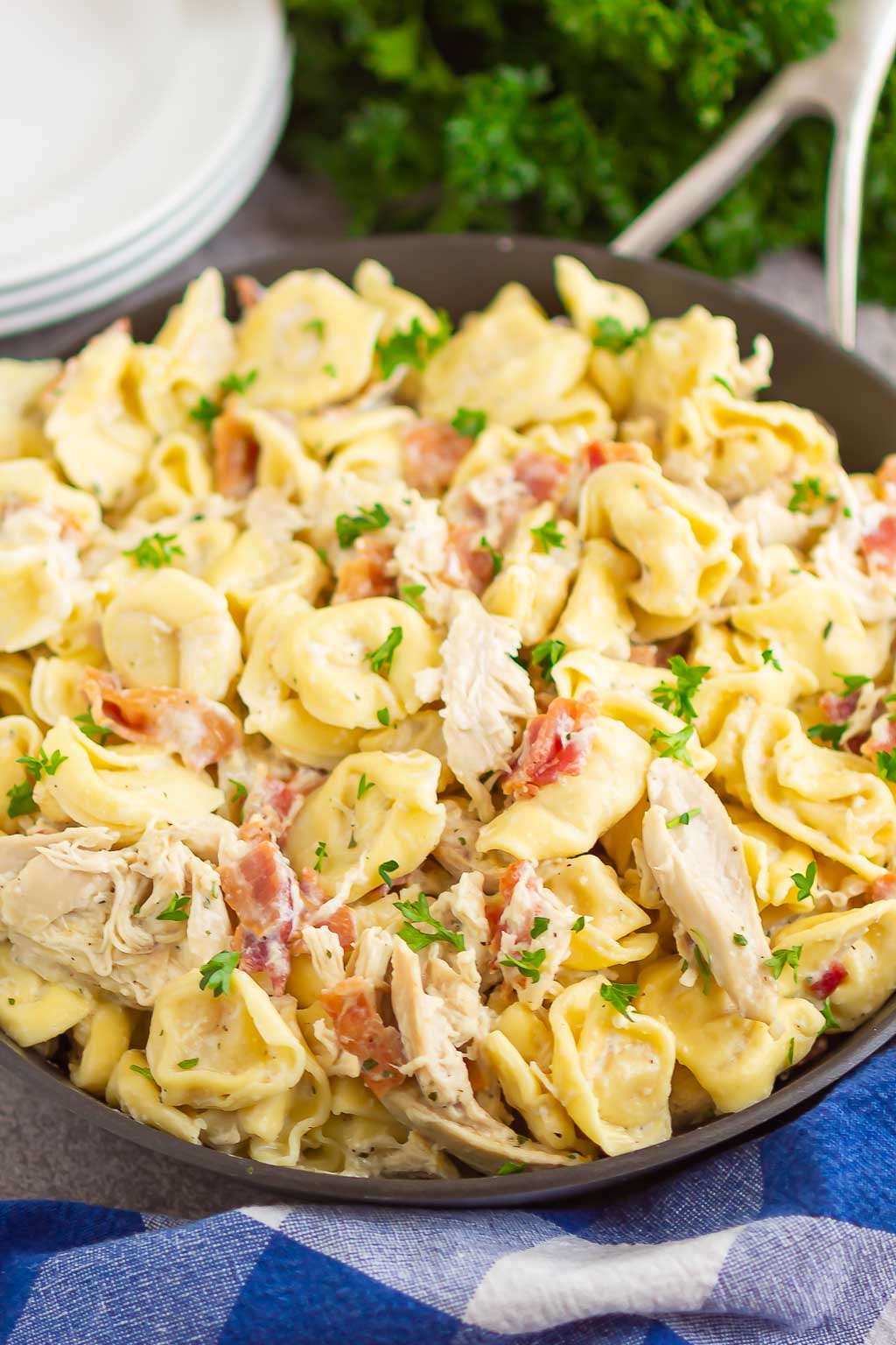 tortellini in a black skillet