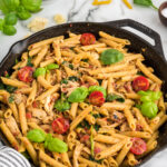 pasta in a black skillet