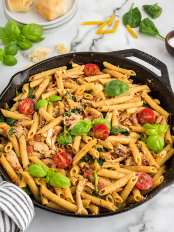 pasta in a black skillet