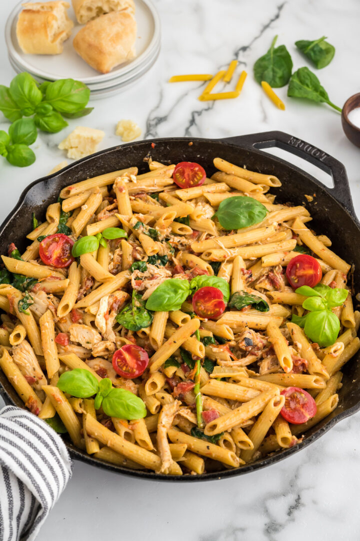 pasta in a black skillet