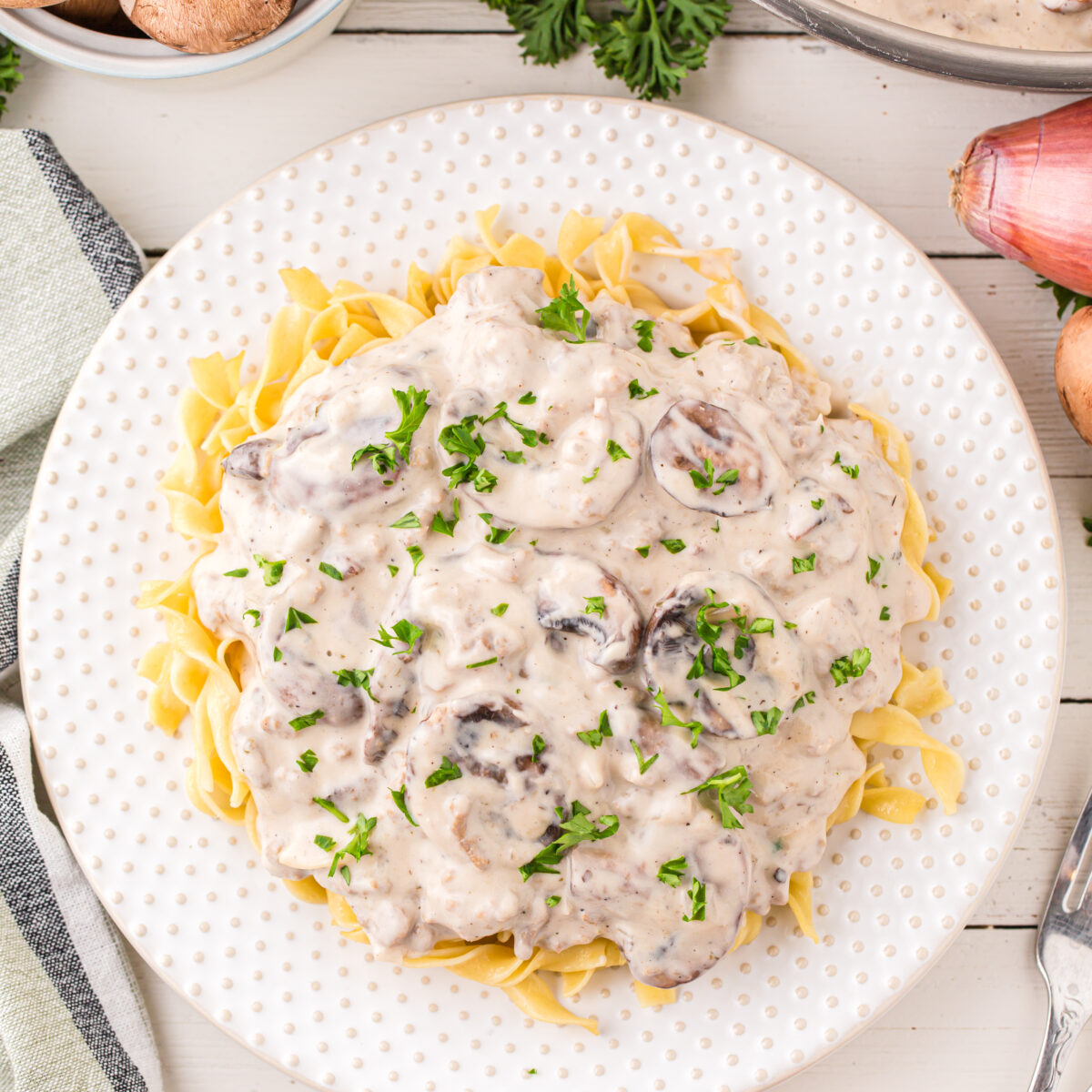 ground turkey stroganoff on a white plate