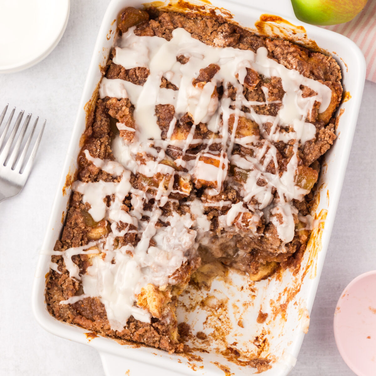 cinnamon roll bake in a white dish