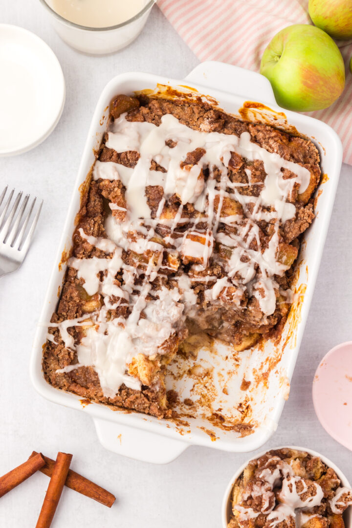 cinnamon roll bake in a white dish