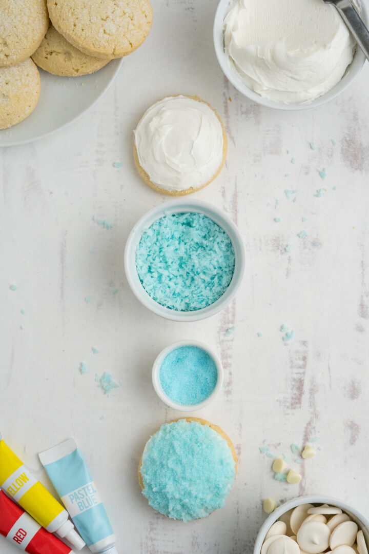 blue shredded coconut in small white bowls