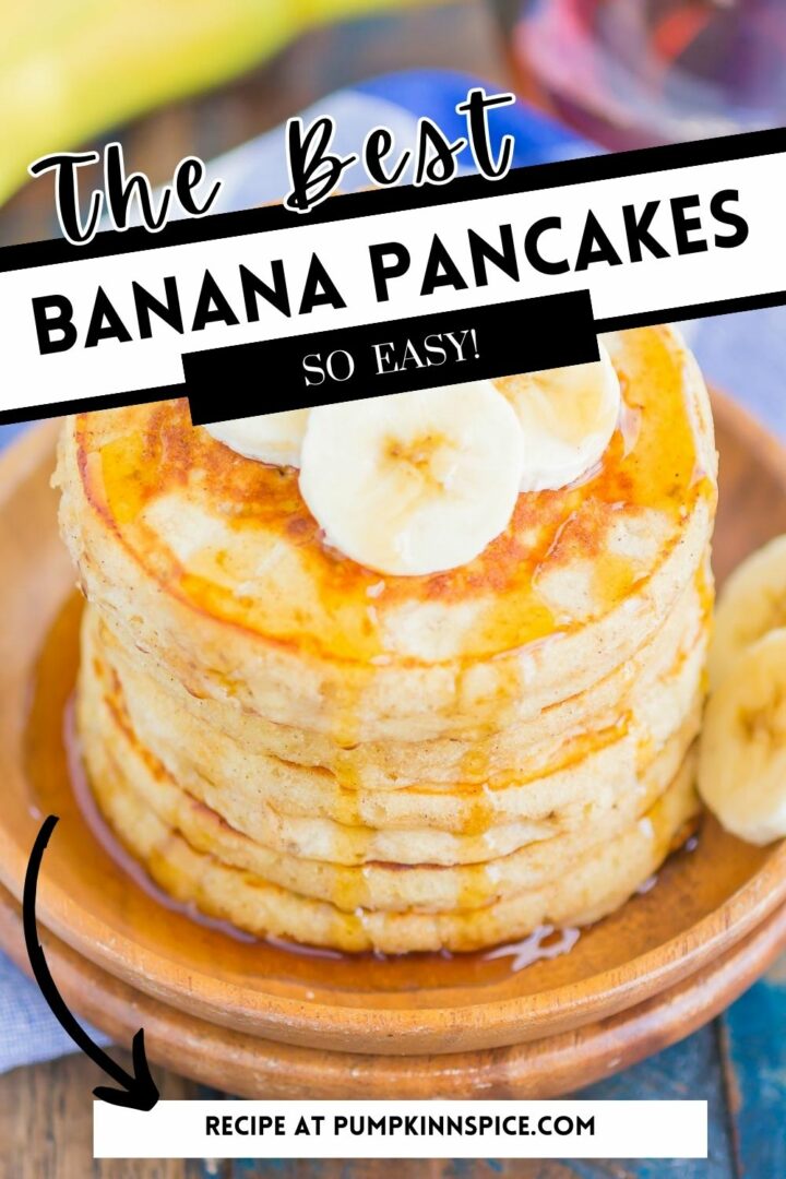 pancakes stacked on a brown plate with sliced bananas and syrup