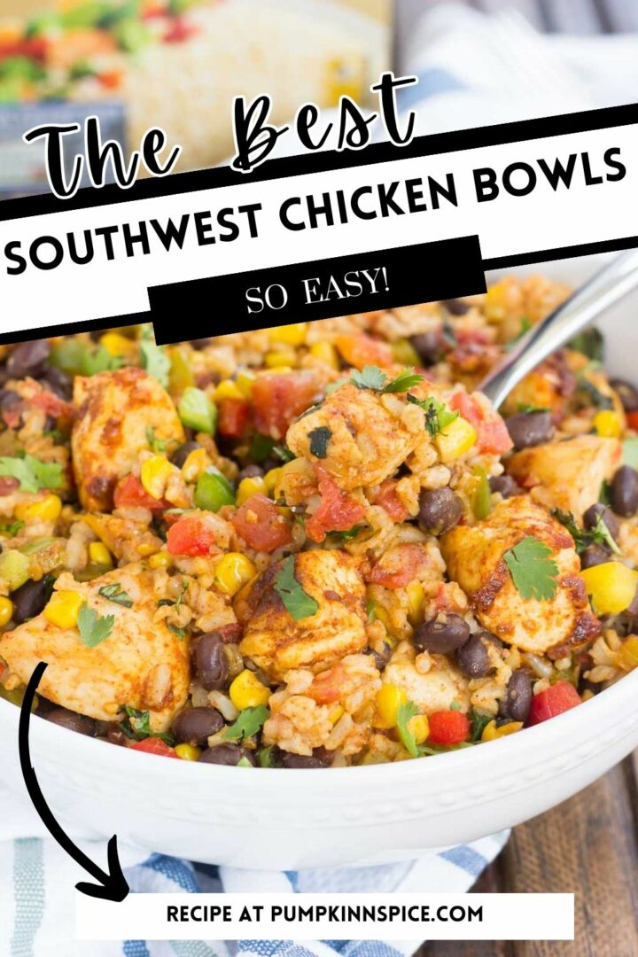 southwest chicken and rice in a white bowl with a fork