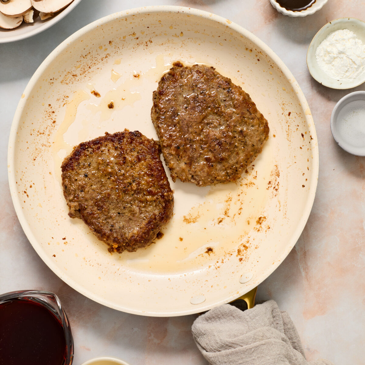 steak seared in a white pan