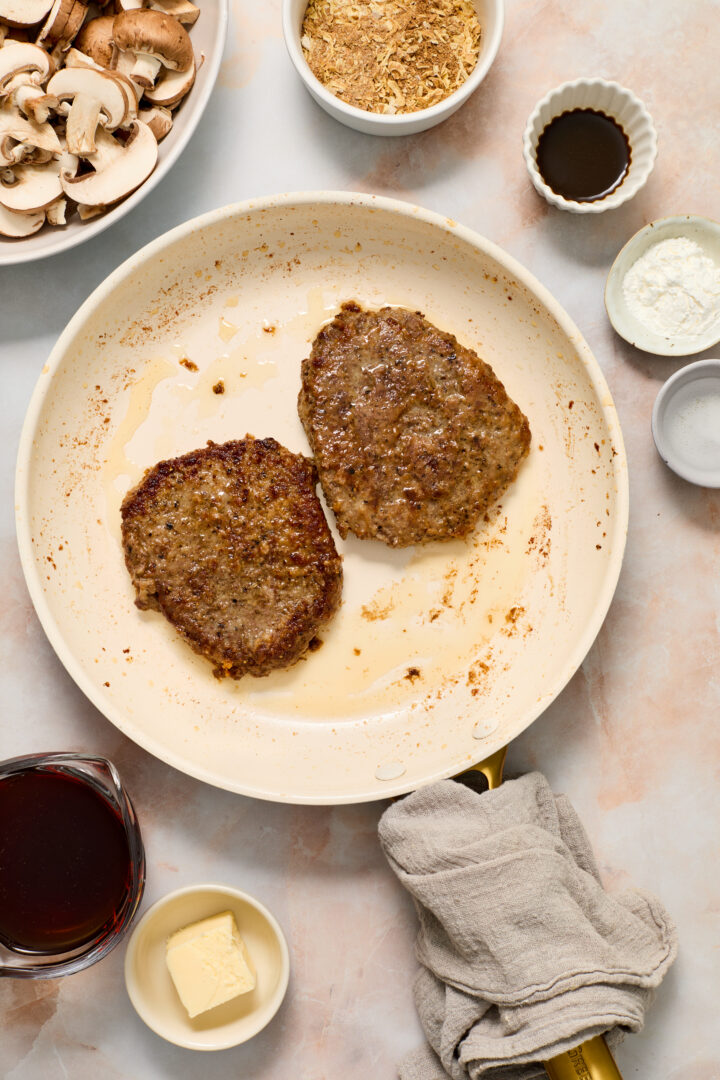 steak seared in a white pan