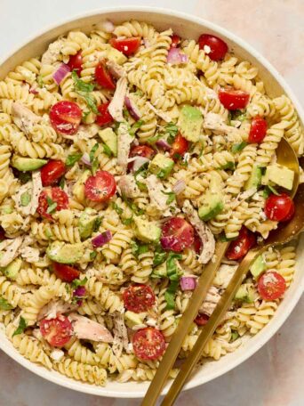 pasta salad in a white bowl