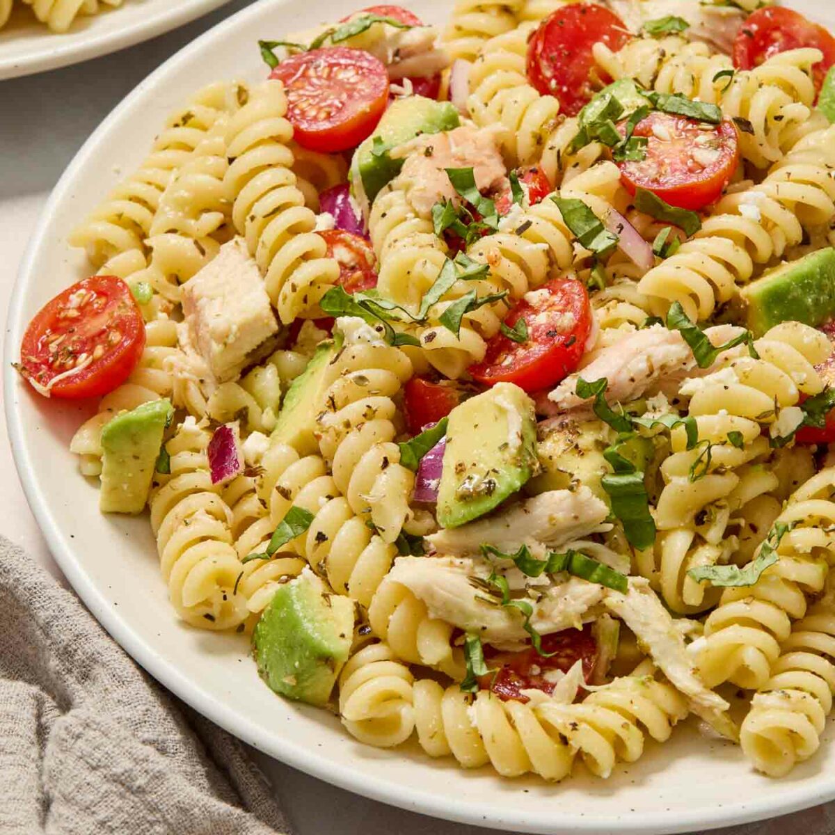 pasta salad on a white plate