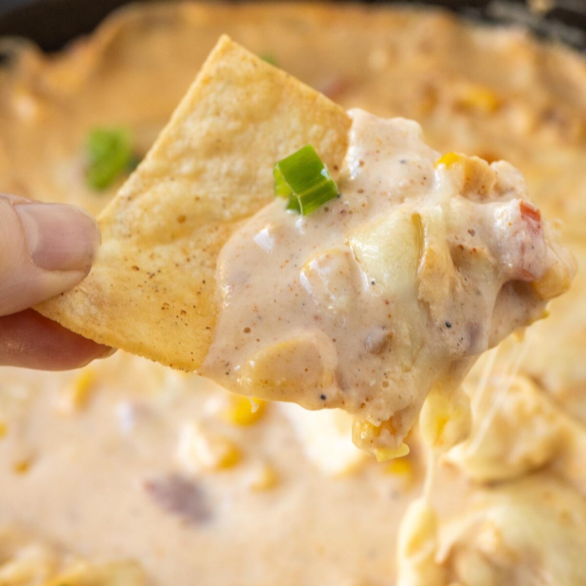 a tortilla chip with corn dip on it