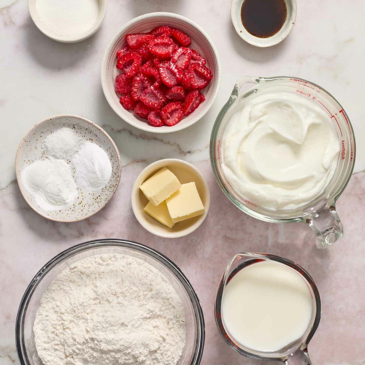 pancake ingredients in small bowls