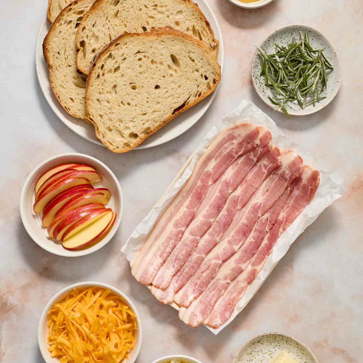 grilled cheese ingredients in white bowls