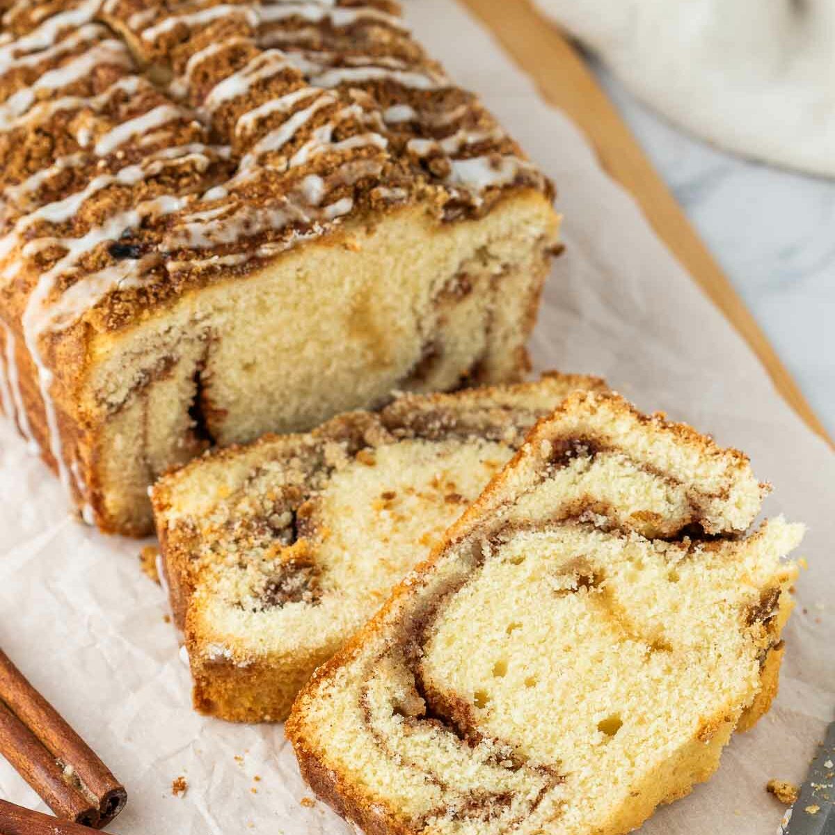 pound cake sliced on a white surface