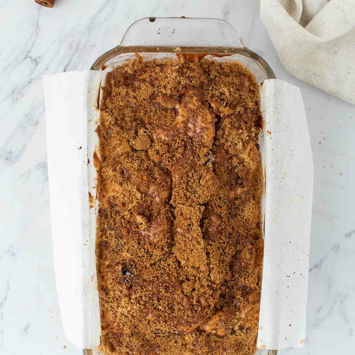 pound cake baked and shown with cinnamon streusel