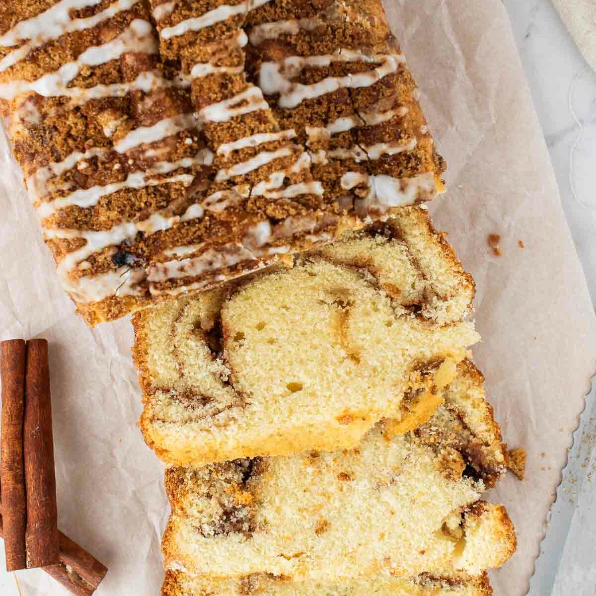 sliced pound cake on a white surface