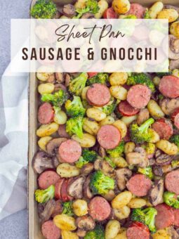 sausage, gnocchi, broccoli, mushrooms on a sheet pan
