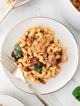 chicken mac and cheese on a white plate with a fork