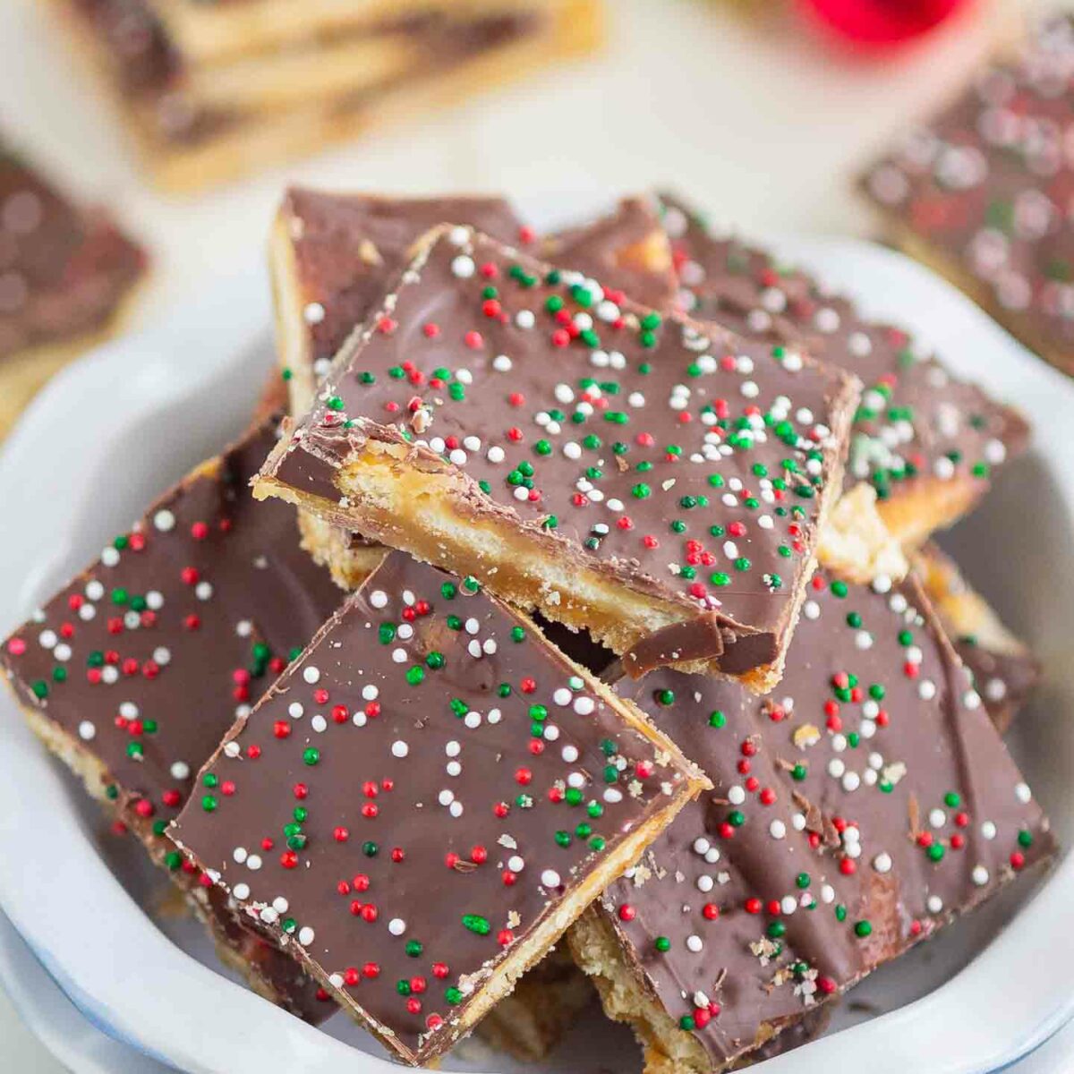 ritz cracker toffee in a white dish