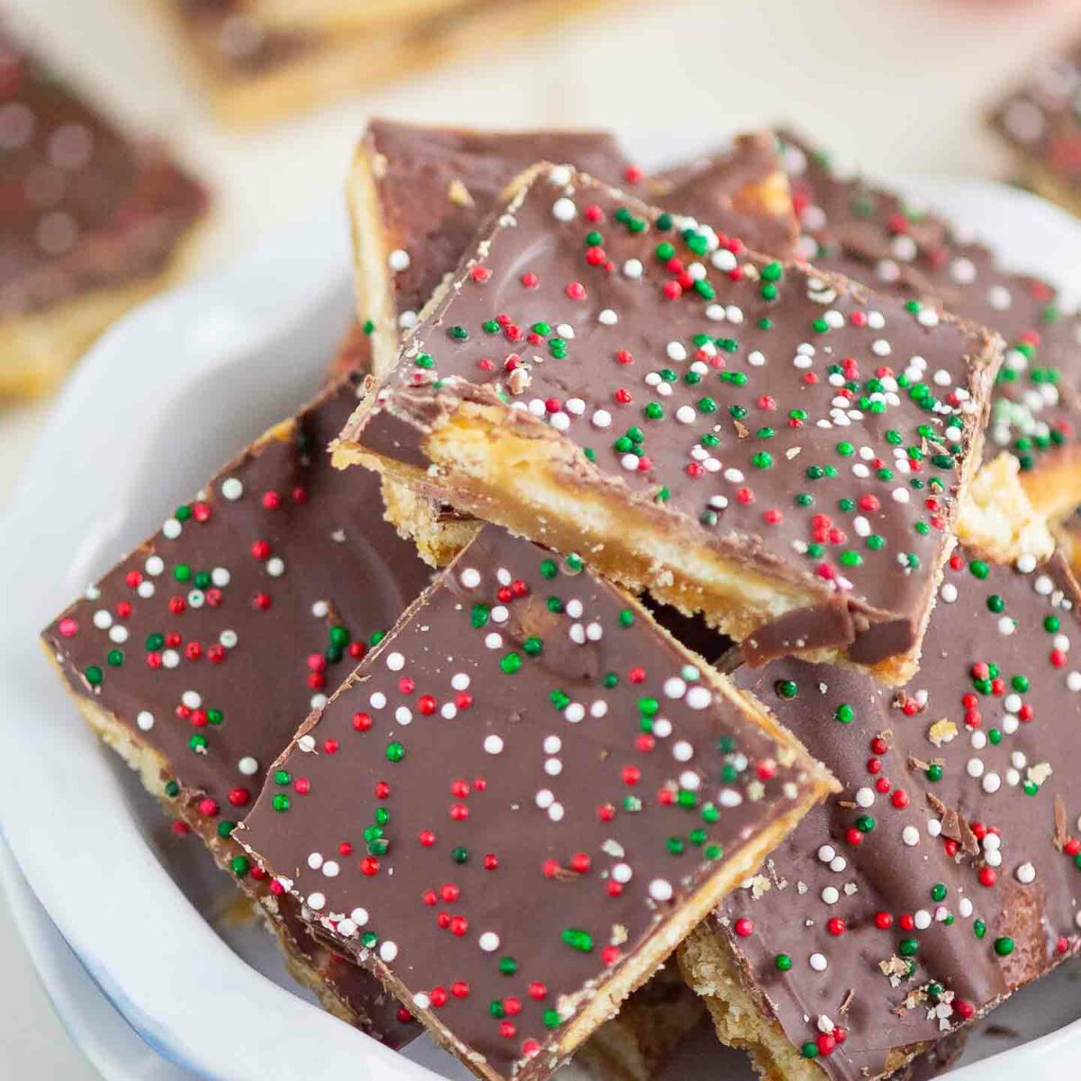 ritz cracker toffee in a white dish
