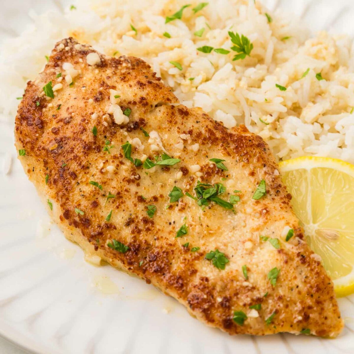 chicken on a white plate with rice and a lemon slice