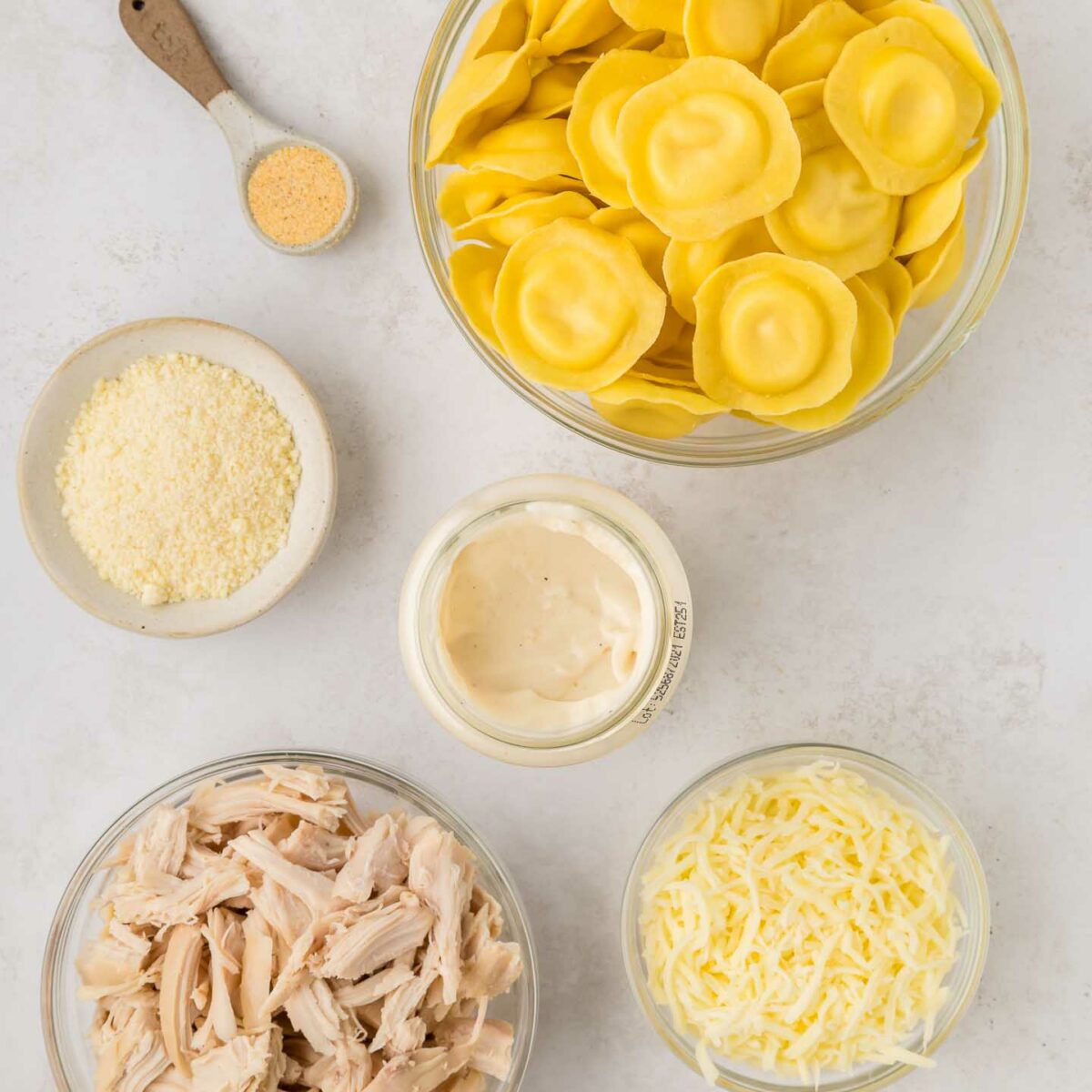 ingredients shown in clear bowls