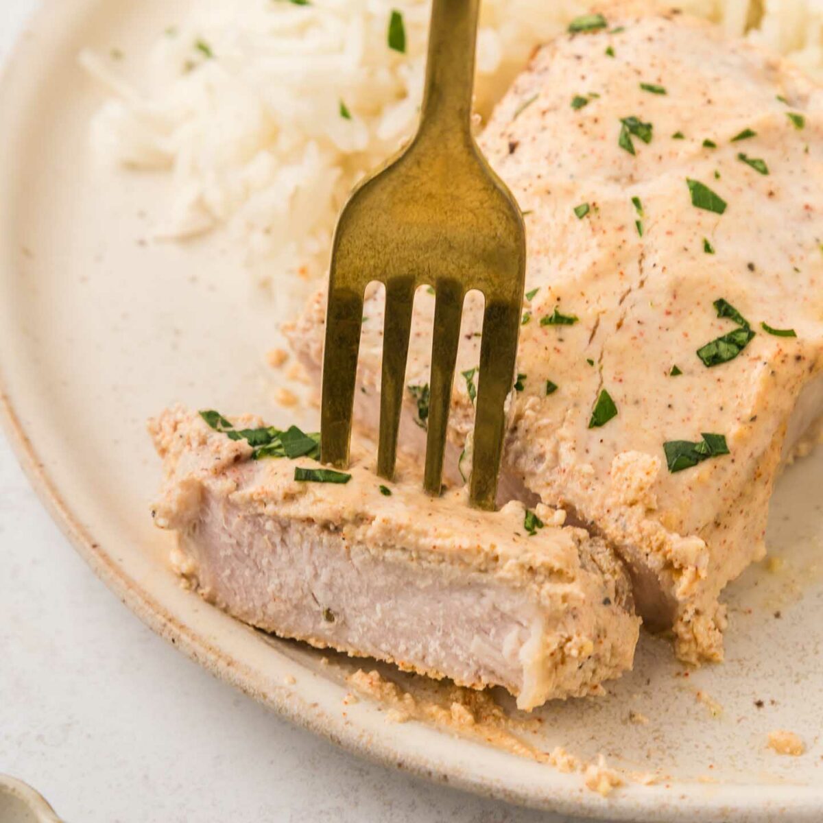 pork chop with a forkful of pork plated with mashed potatoes