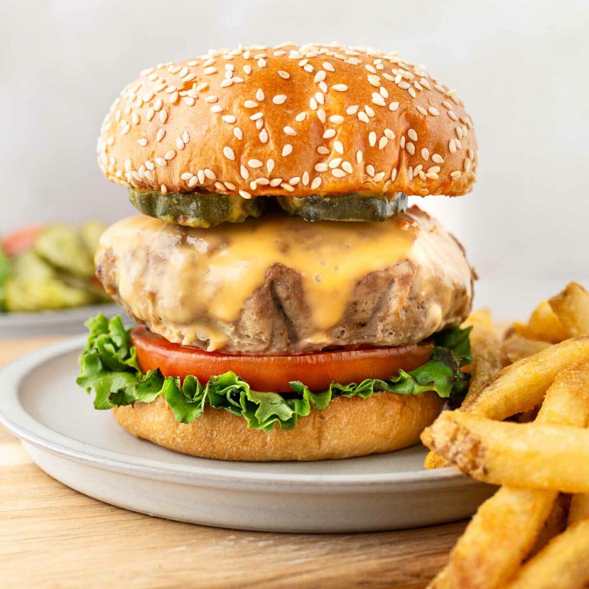 turkey burger on a bun with lettuce, tomato, cheese and fries on the side