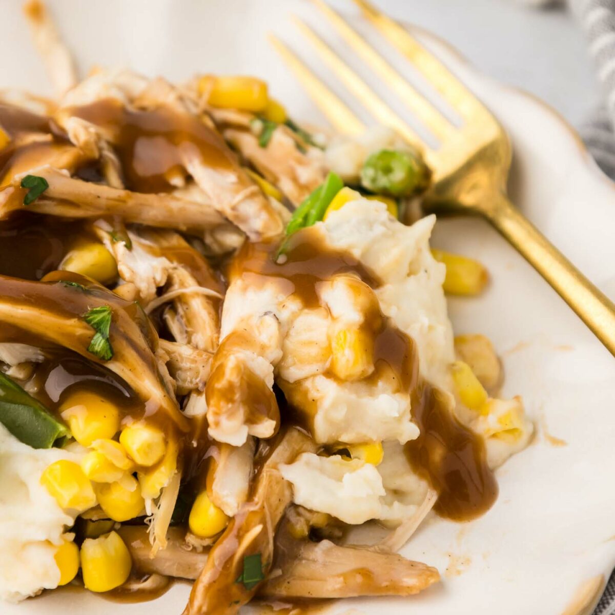 casserole on a white plate with a gold fork