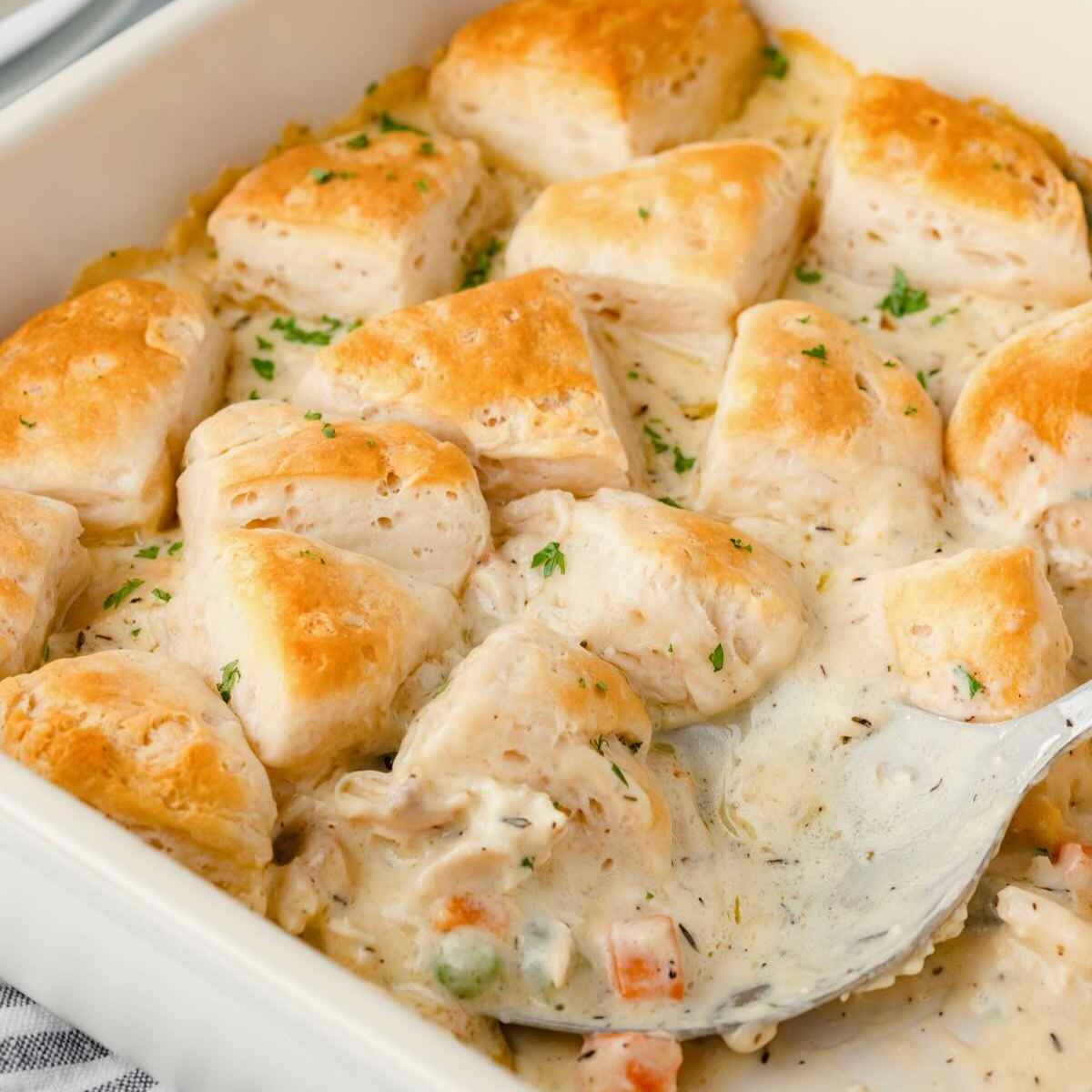 A baking dish filled with a creamy chicken casserole, topped with golden-brown biscuit pieces. The dish is garnished with herbs and includes visible pieces of vegetables like carrots and peas. A serving utensil is partially submerged in the casserole.