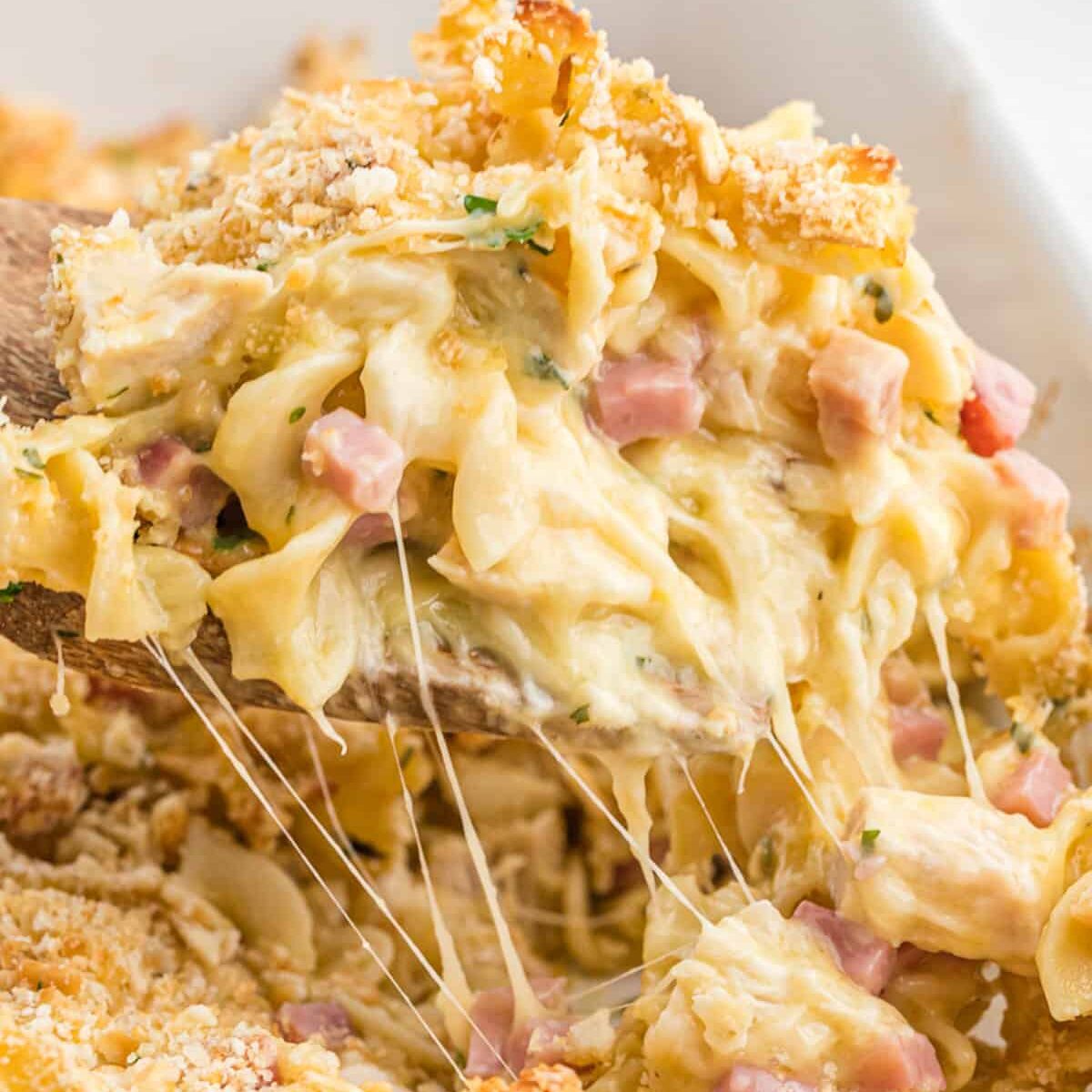 A close-up of a creamy pasta bake being scooped from a dish. The pasta is covered in a melted cheese sauce with pieces of ham and sprinkled with a crispy breadcrumb topping.