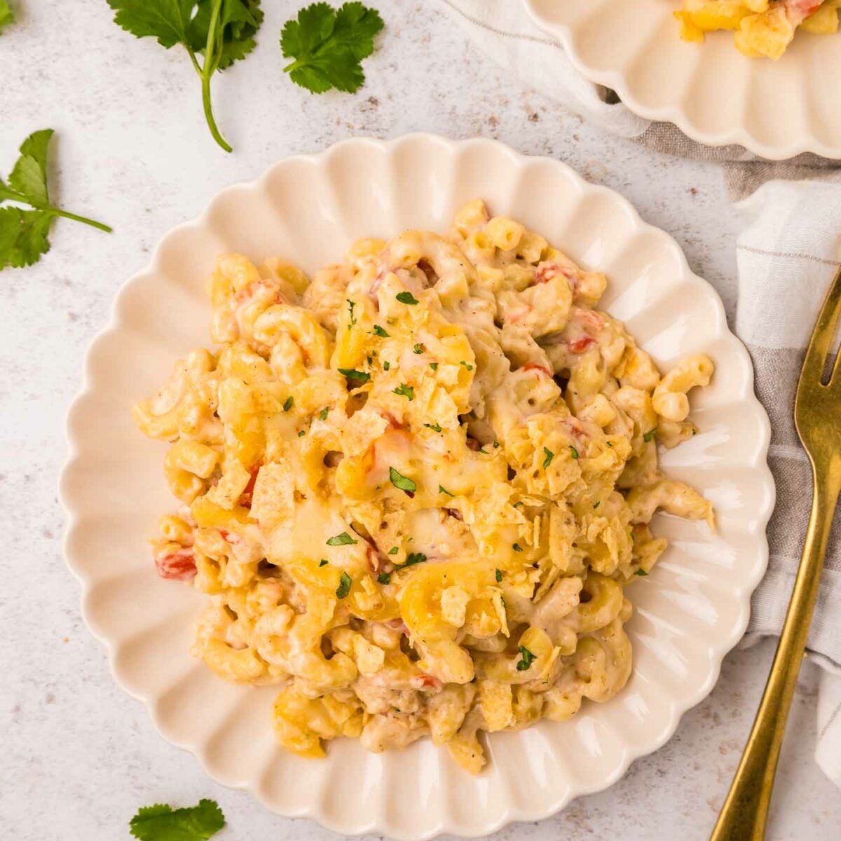 mac and cheese shown on a white plate