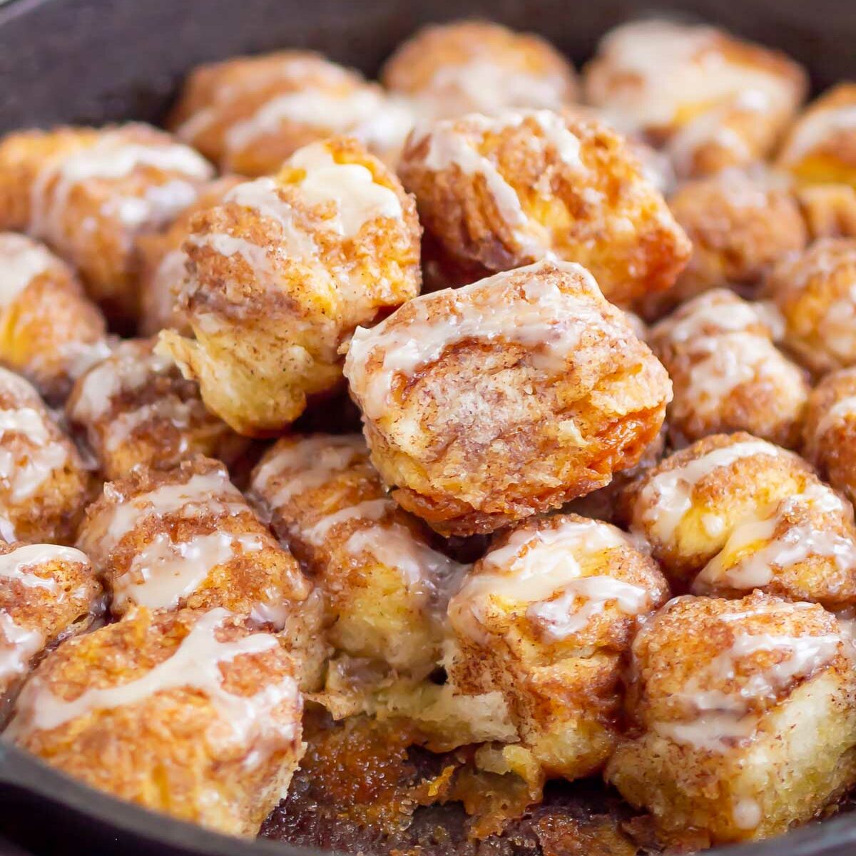 monkey bread piled in a black skillet