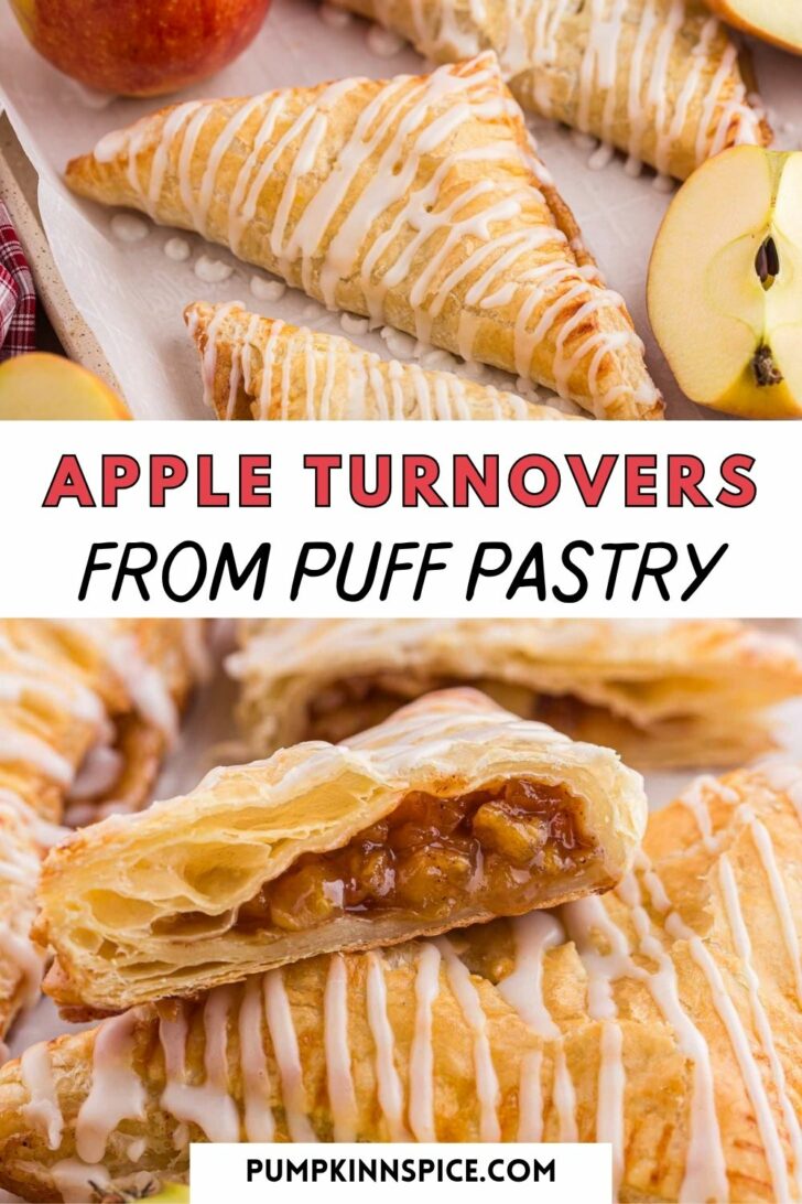 Two images display golden, flaky apple turnovers drizzled with a white glaze. The top image shows several turnovers, some whole and some with apple slices nearby. The bottom image features a close-up of a turnover cut open, revealing the apple filling.