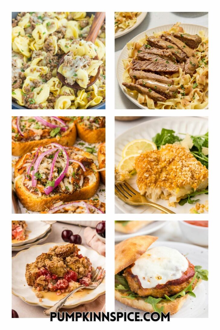 Collage of six dishes: tortellini with sausage, pasta with sliced beef, sliced baguette with toppings, crusted fish with lemon, fruit crisp dessert, and a burger with mozzarella. Text at the bottom reads pumpkinnspice.com.