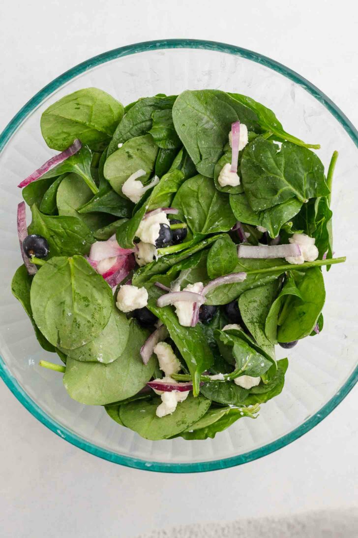 A glass bowl filled with fresh spinach leaves, slices of red onion, blueberries, and crumbles of white cheese, all lightly dressed, set against a light background.