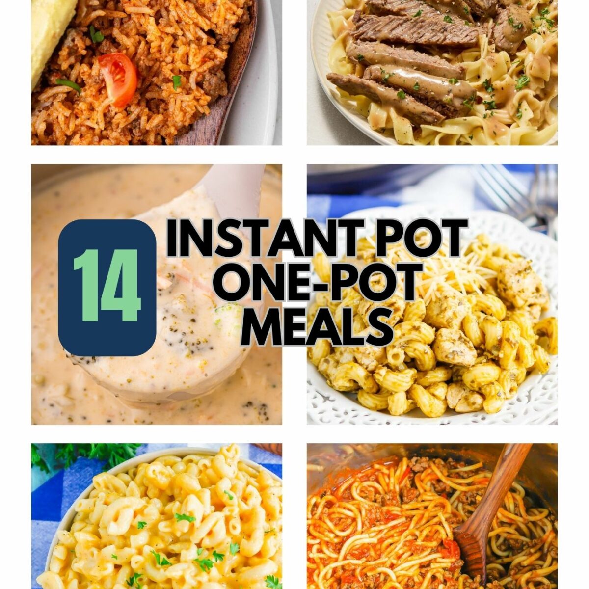 A collage of six dishes featuring rice, pasta, and sauce, promoting “14 Instant Pot One-Pot Meals” from pumpkinnspice.com. Each dish is garnished with herbs or vegetables.