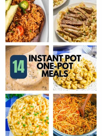 A collage of six dishes featuring rice, pasta, and sauce, promoting “14 Instant Pot One-Pot Meals” from pumpkinnspice.com. Each dish is garnished with herbs or vegetables.