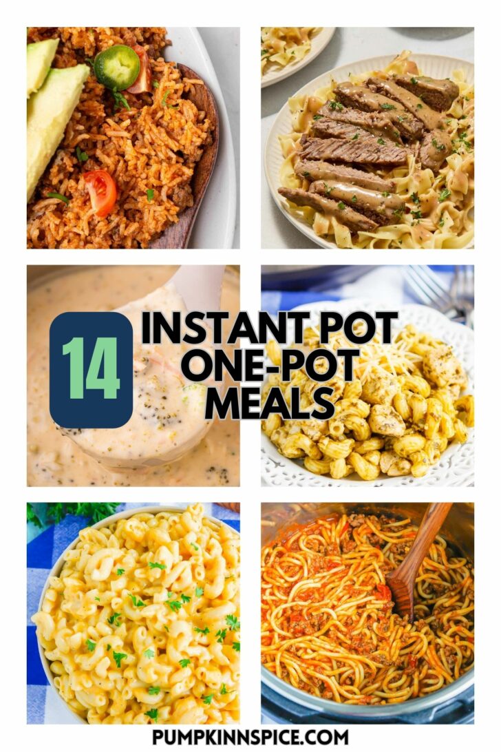 A collage of six dishes featuring rice, pasta, and sauce, promoting “14 Instant Pot One-Pot Meals” from pumpkinnspice.com. Each dish is garnished with herbs or vegetables.