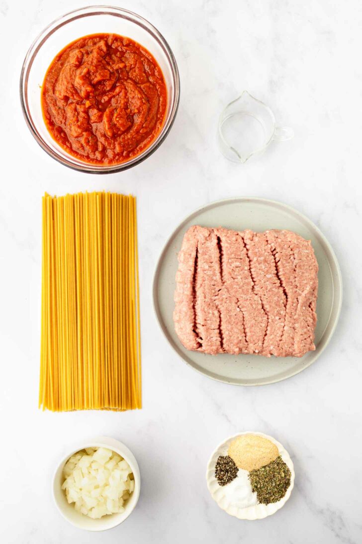 Ingredients for a pasta dish arranged on a white surface: uncooked spaghetti, ground meat on a plate, a bowl of tomato sauce, diced onions, mixed dried spices, and a small bowl of water.