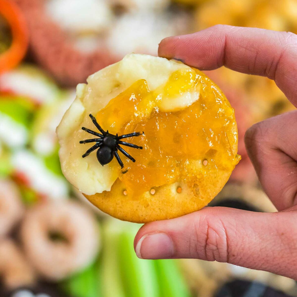 A hand holds a round cracker topped with cheese, orange jam, and a small plastic black spider, with a colorful snack platter blurred in the background.