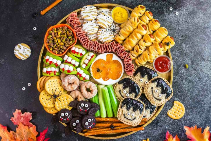 A round platter with Halloween-themed snacks: monster sandwiches, mummy-wrapped treats, apple slices with marshmallow teeth, cookies, cookies with eyes, crackers, meats, and dip shaped like a pumpkin. Autumn leaves border the scene.
