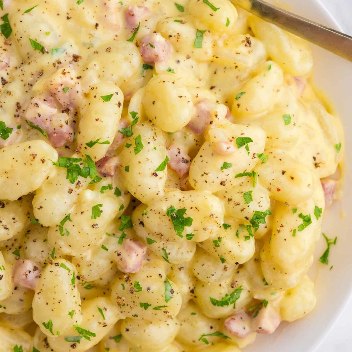 A bowl of creamy gnocchi topped with diced pancetta, black pepper, and chopped parsley, with a fork resting on the side.