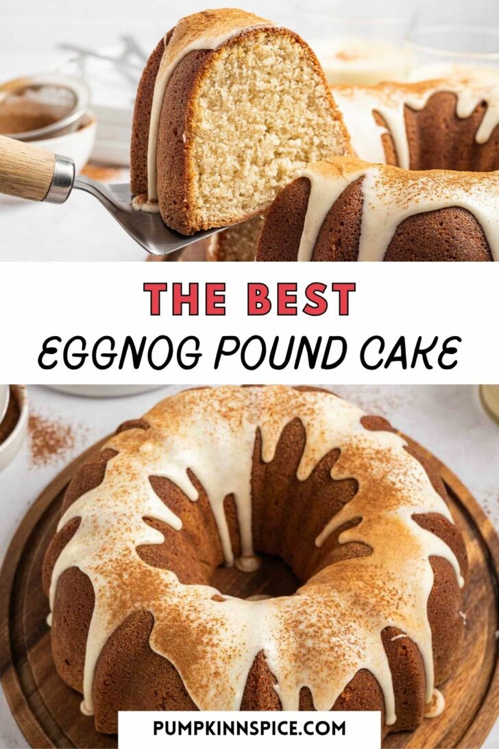 A sliced eggnog pound cake with white icing and cinnamon topping sits on a wooden board. Text reads The Best Eggnog Pound Cake with pumpkinnspice.com at the bottom.