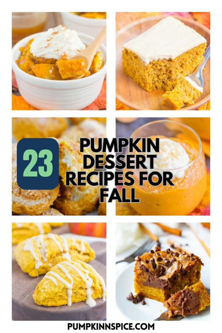 A collage of pumpkin desserts, including cake, mousse, scones, and bars, with text overlay: 23 Pumpkin Dessert Recipes for Fall. Website pumpkinnspice.com appears at the bottom.