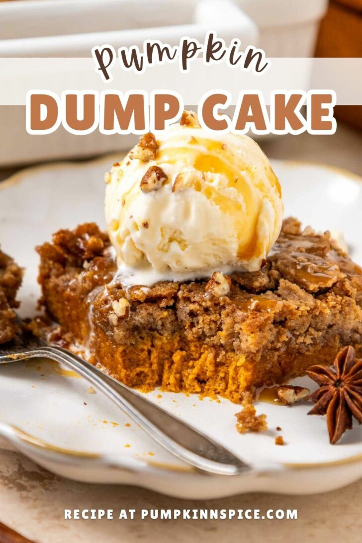 A slice of pumpkin dump cake topped with a scoop of vanilla ice cream and chopped nuts sits on a plate with a fork. Text on the image reads, Pumpkin Dump Cake. Recipe at pumpkinnspice.com.