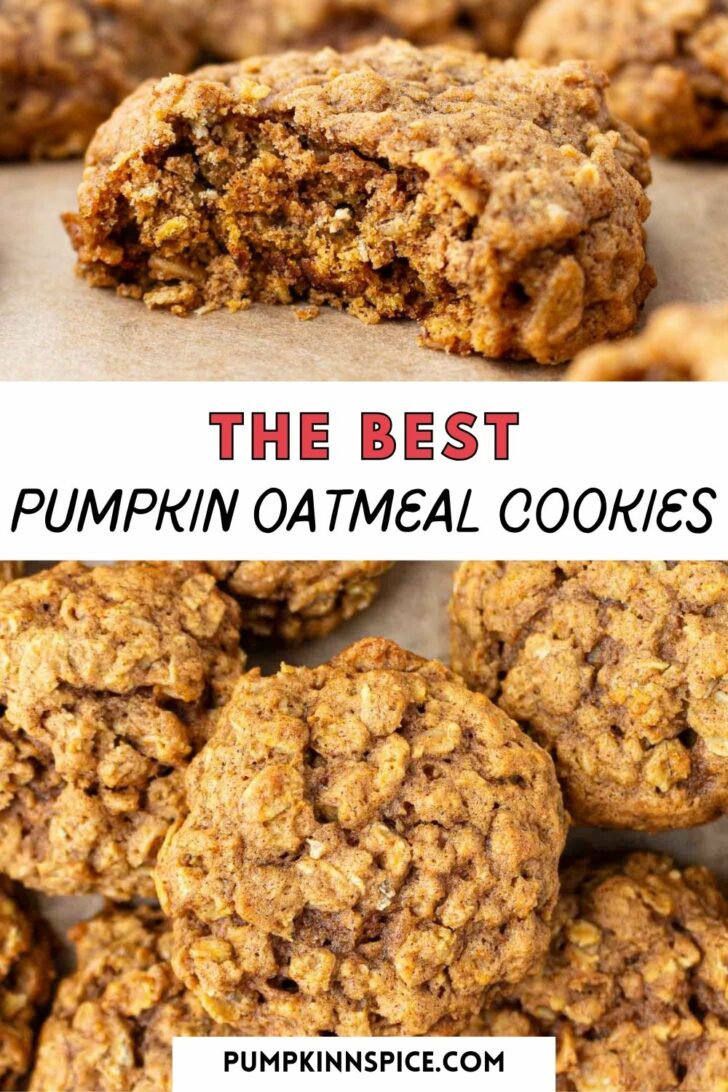 Close-up of pumpkin oatmeal cookies, one with a bite taken out. Text reads “The Best Pumpkin Oatmeal Cookies” above a website URL, pumpkininspice.com.