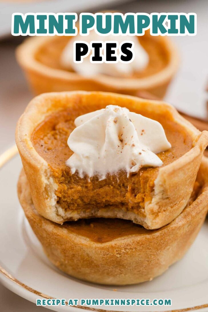 Two mini pumpkin pies are stacked on a plate, the top one topped with whipped cream and has a bite taken out. Text above reads Mini Pumpkin Pies and a website for the recipe is shown at the bottom.