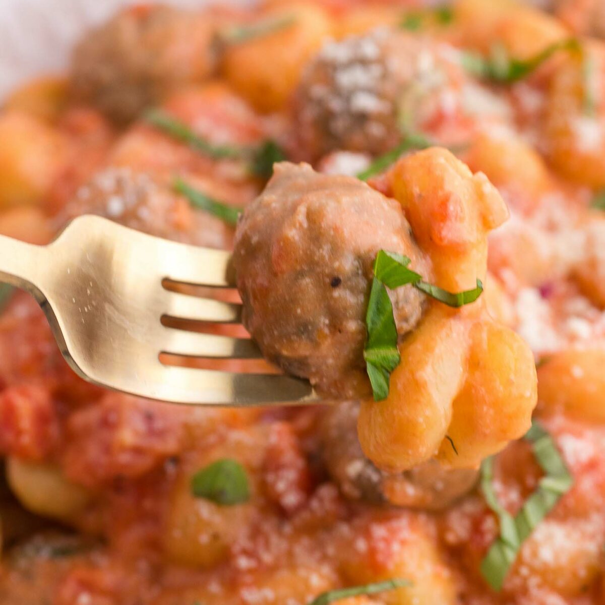 A fork holds up gnocchi and a meatball, both covered in tomato sauce, with fresh basil and grated cheese visible on top of a bowl of the same dish in the background.